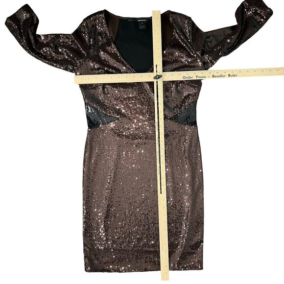 Jay Godfrey Chocolate Brown Black Colorblock Half Sleeve Sequin Mini Dress sz 8 - Picture 3 of 10